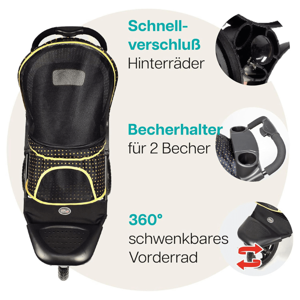 Hundebuggy Adventure in der Frontansicht mit Detailfotos vom Schnellverschluss der Hinterräder, dem Becherhalter und dem schwenkbarem Vorderrad