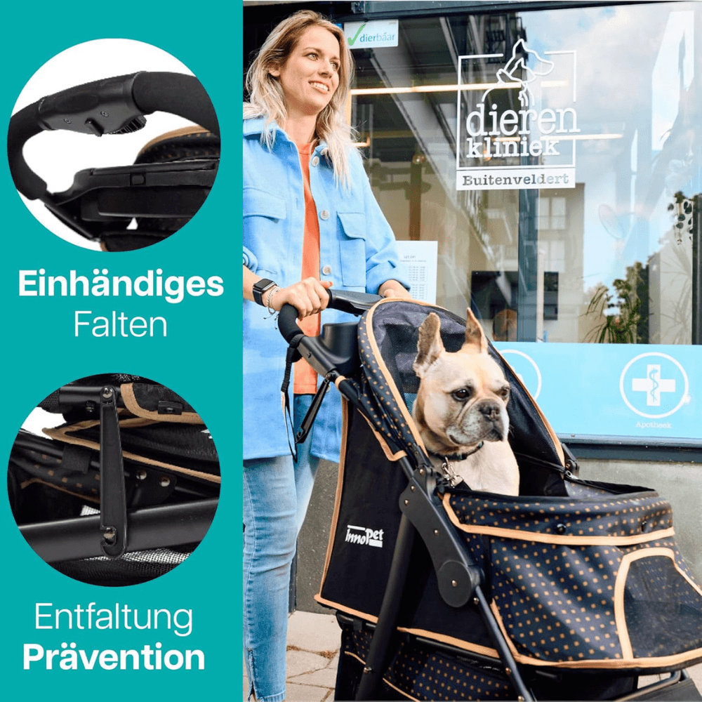 Französische Bulldogge im Hundebuggy Adventure mit Detailfoto vom einhändigen Falten und der Entfaltung des Hundewagens