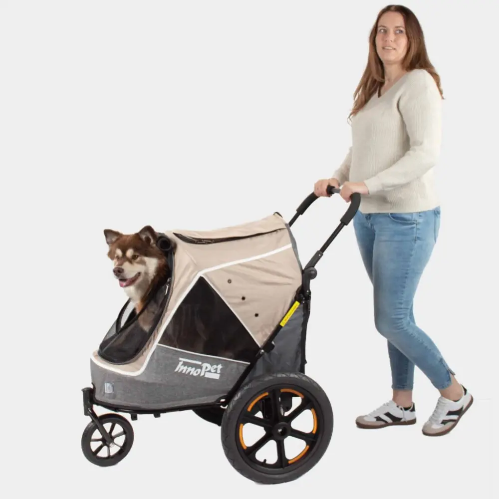 InnoPet® Sporty Trailer Evolution Hundebuggy beige - Hund mit Frauchen