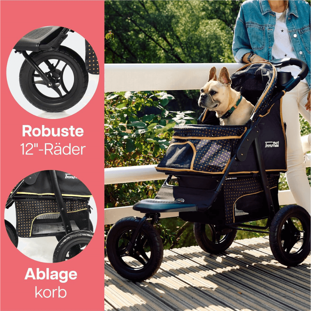 Französische Bulldogge im Adventure Hundebuggy mit Detaildarstellung von den Rädern und dem Ablagekorb