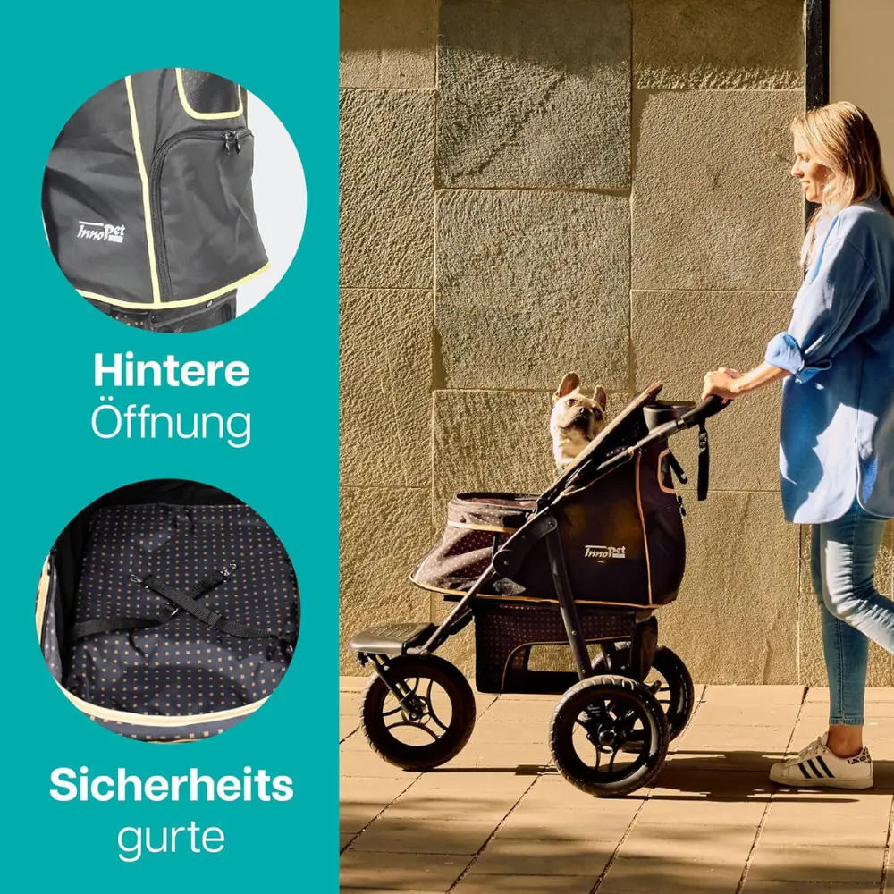 InnoPet® Adventure Hundebuggy schwarz/gold - Sicherheitsgurte und hintere Öffnung