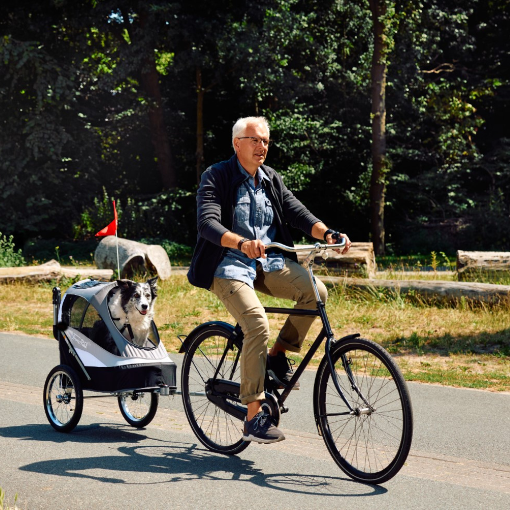 InnoPet Sporty-Trailer Deluxe Fahrradanhänger Hund im Einsatz schwarz silbergrau