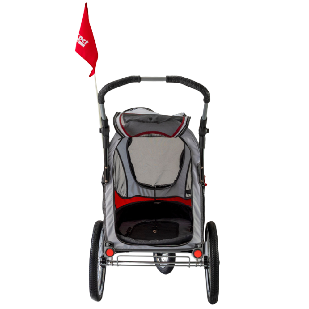 InnoPet® Sporty Trailer Deluxe Hundebuggy Hinteransicht offen rot grau