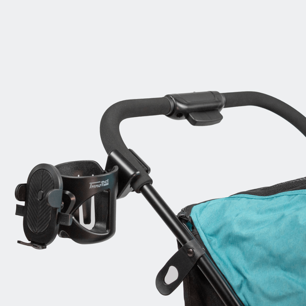 Smartphone- und Becherhalter am Hundebuggy montiert