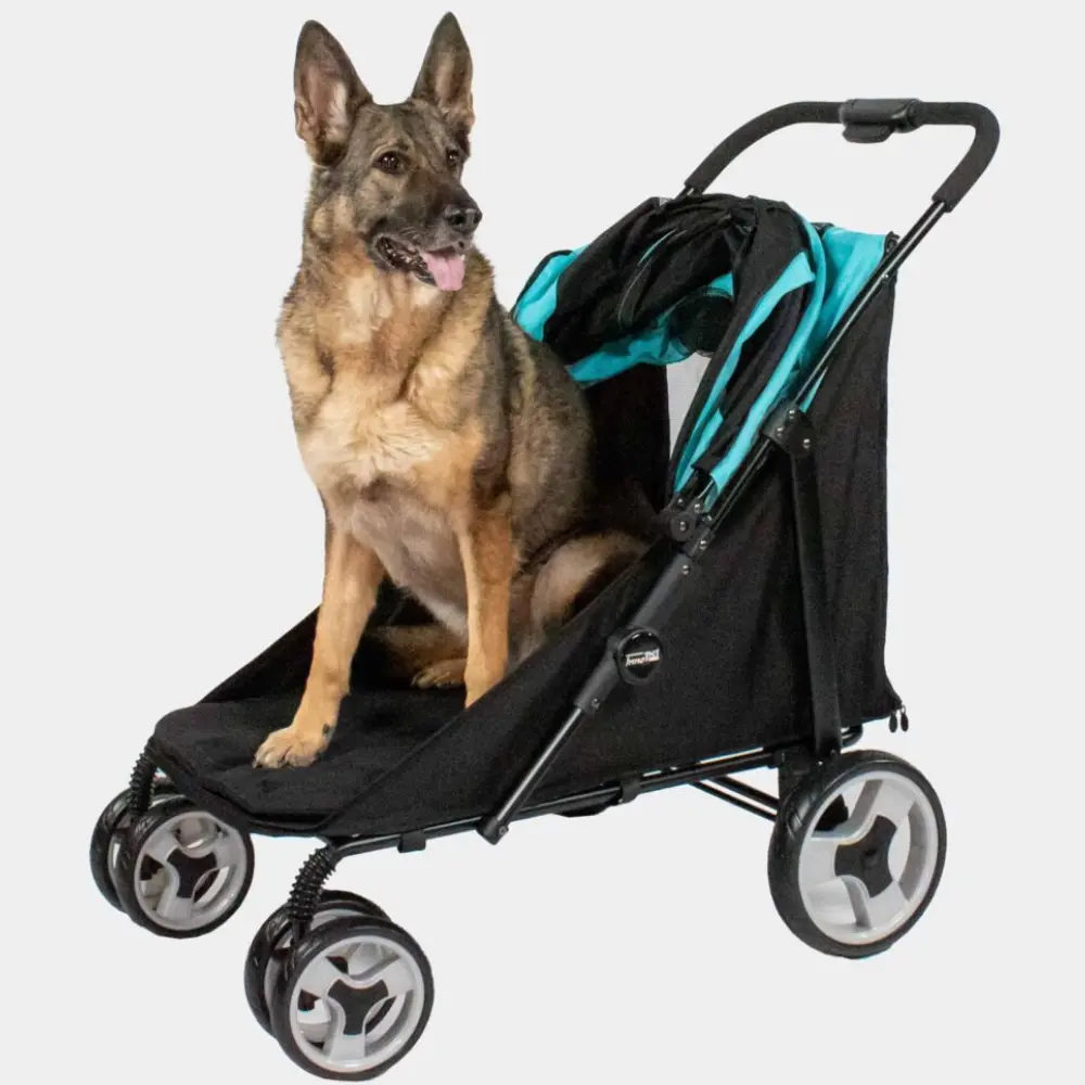 InnoPet® Mammut Hundebuggy blau/schwarz - Verdeck offen mit Schäferhund