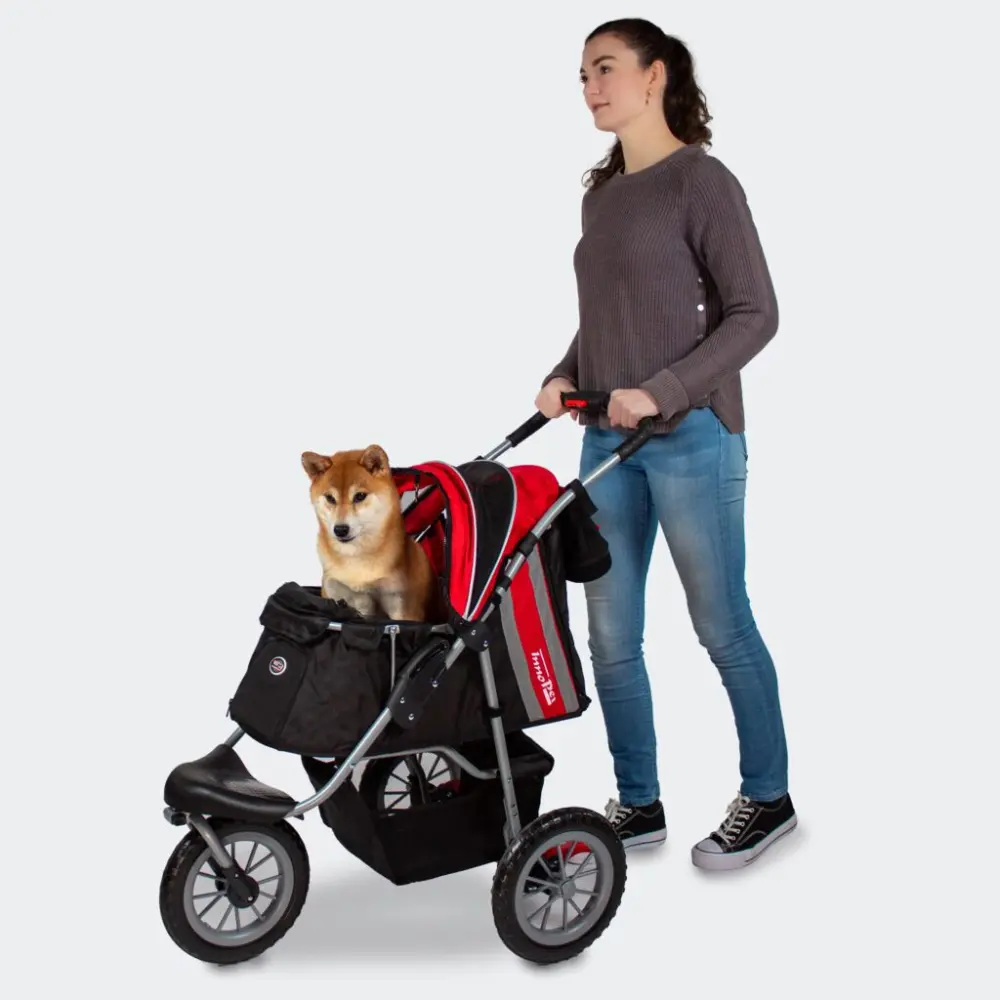 InnoPet® Comfort EFA ECO Hundebuggy schwarz rot mit Akita und Frauchen