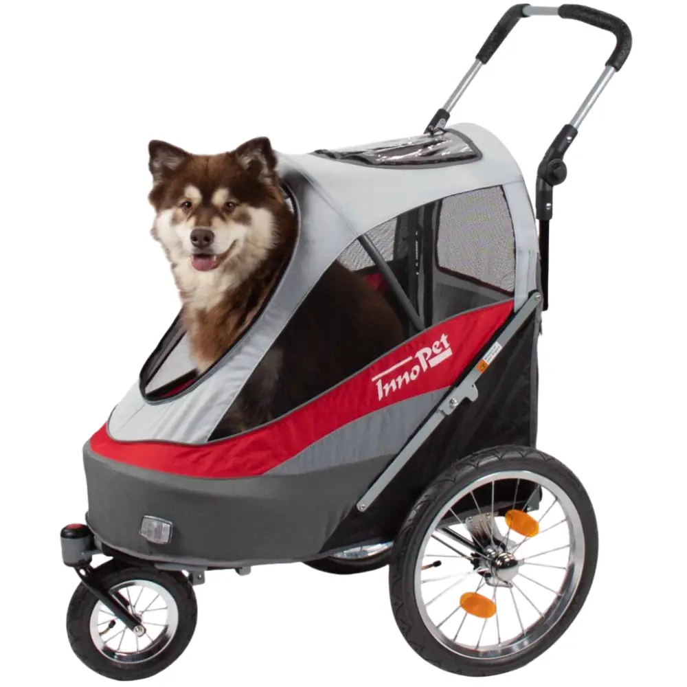 InnoPet® Sporty Trailer Deluxe Hundebuggy rot grau mit Hund